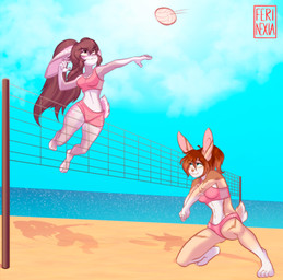 anthro artist_watermark ball barefoot beach blue_eyes brown_hair buckteeth clothing cloud digitigrade duo eyebrows eyelashes feet female fluffy fluffy_tail freckles fur hair inner_ear_fluff jumping long_ears long_hair looking_up multicolored_body multicolored_fur navel net pink_clothing pink_eyes pink_patterns ponytail sea short_tail sky skyscape smile sport sportswear tail tan_body tan_fur teeth tuft twintails_(hairstyle) two_tone_body two_tone_fur volleyball volleyball_(ball) volleyball_net volleyball_uniform water white_body white_fur ferinexia fan_character lagomorph leporid mammal rabbit absurd_res hi_res story story_in_description