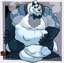 abdominal_bulge balls belly big_balls big_belly big_penis blue_body blue_fur bodily_fluids chest_tuft clothing drooling erection fur genitals hand_on_belly huge_balls huge_penis jacket male male_pred penis saliva same_size_vore solo tongue tongue_out topwear tuft vein veiny_penis vore white_body white_fur c-trigger canid canine canis mammal wolf hi_res