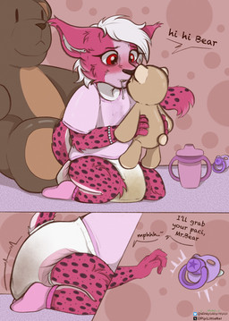 anthro baby_bottle big_plushie blush bodily_fluids bracelet clothed clothing dialogue diaper drooling feces female fluffy_ears footwear fur genital_fluids hair inside jewelry kneeling looking_at_plushie markings neonate pacifier pantsless pink_body pink_clothing pink_fur pink_shirt pink_topwear plushie pooping red_eyes saliva shirt socks soiled_diaper soiling soiling_diaper solo spots spotted_body spotted_fur tail topwear unclean_diaper urine used_diaper using_diaper wet_diaper white_body white_fur white_hair young young_female pipilittlerat felid feline lynx mammal comic hi_res