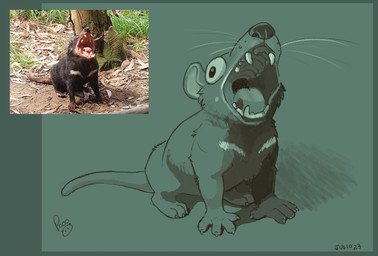 ambiguous_feral ambiguous_gender fangs feral glistening glistening_eyes logo looking_at_viewer open_mouth simple_background solo tail teeth tongue whiskers wide_eyed pandapaco dasyurid dasyuromorph mammal marsupial tasmanian_devil 2023 absurd_res artist_logo hi_res reference_image signature sketch