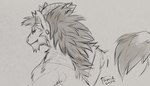 anthro ear_piercing fur gauged_ear hair male mouth_closed narrowed_eyes piercing rear_view solo tail tail_tuft tuft famir mythology famir_(character) bovid caprine dragon furred_dragon furred_scalie goat hybrid mammal mythological_creature mythological_scalie scalie 2024 dated hi_res monochrome signature