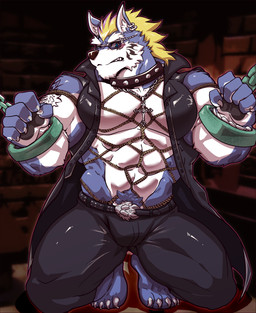 abs anthro barazoku barefoot bdsm biceps bondage bottomwear bound chain chained clothed clothing cuff_(restraint) dungeon feet jacket male muscular muscular_anthro muscular_male open_clothing open_jacket open_topwear pecs prisoner pubes restrained restraints rope shackles solo submissive submissive_male topwear istani lifewonders tokyo_afterschool_summoners fenrir_(tas) canid canine canis mammal wolf hi_res