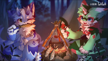 1_horn 2_horns anthro blue_body blue_eyes blue_fur campfire eating fur green_body green_fur horn kemono male music nude_anthro nude_male one_eye_closed slim_anthro slim_male white_body white_fur yellow_eyes hlg7777 bilibili canid canine fox mammal 16:9 2023 2d_animation animated hi_res loop motion_tweening short_playtime sound video watermark widescreen