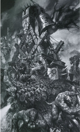 ambiguous_gender anthro army attack banner battle bell clothed clothing detailed_background flag flamethrower group holding_object holding_weapon male military pennant ranged_weapon runes screaming_bell shield shield_wall siege_engine tail war weapon unknown_artist warhammer_(franchise) warhammer_fantasy humanoid mammal murid murine ogre rat rat_ogre rodent skaven greyscale monochrome
