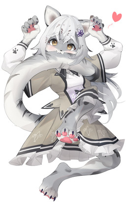 4_toes 5_fingers accessory alternative_fashion anthro bite bottomwear breasts claws clothed clothing fangs feet female female_anthro fingers fur grey_body grey_fur hair hair_accessory hairclip heart_symbol j-fashion lolita_(fashion) looking_at_viewer markings pawpads paws simple_background skirt smile solo spots spotted_body spotted_fur tail tail_bite tail_in_mouth teeth toe_claws toes uniform white_body white_fur white_hair yellow_eyes yenamika felid leopard mammal pantherine snow_leopard absurd_res digital_media_(artwork) hi_res