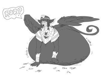 after_vore belly big_belly female feral group huge_belly human_faced_feral humanoid_face overweight speech_bubble text vore wings cross-crescent fate_(series) mythology type-moon animal_humanoid felid humanoid mammal mythological_creature mythological_sphinx 2018 hi_res monochrome