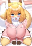 anthro barefoot bed big_breasts blonde_hair blue_eyes blush breasts brown_body brown_fur claws clothing cute_fangs dipstick_ears dipstick_tail ear_markings fangs feet female female_anthro fluffy fur furniture gloves_(marking) hair high-angle_view huge_breasts inner_ear_fluff kemono leg_markings looking_at_viewer markings multicolored_body multicolored_ears multicolored_fur neck_tuft on_bed open_mouth pajamas short_hair sitting socks_(marking) solo tail tail_markings teeth tight_clothing toe_claws toes tongue tongue_out tuft wariza white_body white_fur yellow_body yellow_fur horokusa0519 fox_next_door_(horokusa) canid canine fox mammal 2024 digital_media_(artwork) hi_res