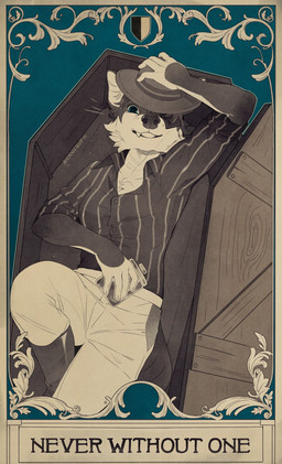 alcohol anthro art_nouveau beverage black_boots black_clothing black_footwear blue_eyes boots bottomwear card card_template clothed clothing coffin eye_patch eyewear fangs female footwear fur grey_body grey_clothing grey_fur grey_shirt grey_topwear hat headgear headwear looking_at_viewer lying on_back pants shield shirt shoes smile solo teeth text topwear white_body white_bottomwear white_clothing white_fur white_pants diesel_wiesel cassidy_(volcanins) canid canine canis mammal wolf english_text hi_res monochrome
