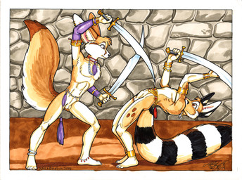 animal_genitalia anthro balls black_body black_fur bracelet dancing duo fox_tail fur fur_markings genitals gold_(metal) gold_jewelry jewelry jewelry_only long_ears male male/male markings melee_weapon necklace nude nude_anthro nude_male penis ring_(marking) ringed_tail sheath striped_body striped_fur striped_markings striped_tail stripes sword sword_dancer tail tail_markings tan_body tan_fur text weapon white_body white_fur terrie_smith havoc_inc. chester_ringtail_magreer kaili_(aelius) bassariscus cacomistle canid canine fennec_fox fox mammal procyonid true_fox english_text signature traditional_media_(artwork)