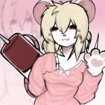 anthro black_eyes blonde_hair blush bottomwear bow_ribbon clothing dress female fur hair pajamas pink_bottomwear pink_clothing pink_dress pink_skirt skirt smile solo syringe tail white_body white_fur yellow_eyes atoiriss terrible_mouse lorna_(terrible_mouse) mammal mouse murid murine rat rodent hi_res
