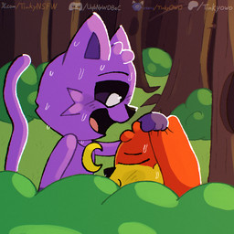 anthro blush blush_lines bodily_fluids convenient_censorship cum cum_in_nose cum_inside cum_string duo ears_down ears_up eyes_closed forest forest_background forest_sex fur genital_fluids head_grab holding_ear jewelry male male/male moon_symbol nature nature_background necklace obscured_fellatio obscured_genitals obscured_oral obscured_sex open_mouth oral orange_body orange_fur outside pivoted_ears plant purple_body purple_fur sex shrub stealth_sex sweat sweatdrop tail text tongue tree yellow_body yellow_fur tinky mob_entertainment poppy_playtime smiling_critters catnap_(poppy_playtime) dogday_(poppy_playtime) canid canine canis domestic_cat domestic_dog felid feline felis mammal 1:1 url