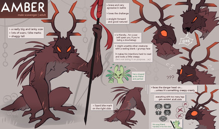 angry antler_markings antlers arm_scar bite_mark blush bodily_fluids brown_antlers brown_body brown_fur confusion description ear_markings facial_scar female feral flustered freckles fur gem gills grass green_body green_fur green_gills happy heart_symbol horn male male/female markings melee_weapon nervous on_grass on_ground orange_eyes pearl_(gem) plant polearm scar scared side_scar sitting solo spear speech_bubble spikes spikes_(anatomy) standing sweat tail tail_markings teeth teeth_showing weapon trickate rain_world videocult amber_(trickate) parsley_(trickate) humanoid mammal scavenger_(rain_world) slugcat expression_sheet hi_res model_sheet