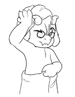 2_horns anthro clothed clothing eyewear floppy_ears fur glasses horn lop_ears male simple_background solo topless towel towel_around_waist towel_on_head white_background white_body white_fur skeleton_witch deltarune undertale_(series) ralsei bovid caprine goat mammal half-length_portrait monochrome portrait