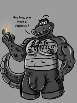 anthro balls_outline barazoku belly big_belly big_muscles big_tail body_writing bulge daddy_kink detailed_bulge dialogue dominant dominant_male drugs genital_outline good_boy long_tail male master muscular nipples penis_outline scales smoke smoking smoking_tobacco solo tail text thick_tail tobacco ventral_scales razzberryeclair big_tobacco_(character) alligator alligatorid crocodile crocodilian reptile scalie 3:4 english_text hi_res