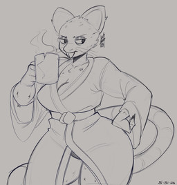 anthro bathrobe buckteeth clothing container cup female mug robe solo teeth ragnarok_avv mammal murid murine rat rodent hi_res
