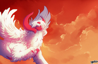 ambiguous_gender blue_eyes claws day feral fur orange_sky outside sky solo sunset white_body white_fur ravoilie nintendo pokemon generation_6_pokemon mega_absol mega_evolution pokemon_(species) shiny_pokemon 2015 digital_media_(artwork)
