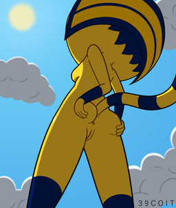 anthro anus blue_body blue_fur blue_hair breasts butt cloud female fur genitals hair hand_on_butt hand_on_own_butt headdress holding_butt low-angle_view markings side_boob sky solo spreading sun tail tail_markings vulva yellow_body yellow_fur 39coit animal_crossing nintendo ankha_(animal_crossing) felid mammal hi_res
