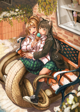 animal_ears apode bench black_clothing black_footwear black_socks blush bottomwear clothed clothed_female clothing dessert duo female food footwear fully_clothed fully_clothed_female hand_holding ice_cream ice_cream_cone jacket legless licking_ice_cream long_tongue outside pattern_bottomwear pattern_clothing pattern_skirt plaid plaid_bottomwear plaid_clothing plaid_skirt school_uniform serpentine shoes skirt sneakers socks split_form tail tongue topwear uniform 159cm animal_humanoid cat_humanoid draconcopode felid felid_humanoid feline feline_humanoid humanoid lamia mammal mammal_humanoid reptile scalie snake