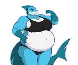 anthro belly big_belly big_breasts bikini bikini_bralette black_bikini black_bikini_bottom black_bikini_top black_clothing black_eyes black_swimwear blue_body blue_skin breasts clothing earless female fin flexing gloves_(marking) head_fin huge_belly jewelry markings muscular muscular_female navel necklace non-mammal_breasts non-mammal_navel overweight overweight_anthro overweight_female sharp_teeth solo swimwear teeth thick_thighs two-piece_swimsuit white_body white_skin wide_hips mizz-britt mob_entertainment nightmare_critters poppy_playtime maggie_mako_(poppy_playtime) aquatic fish shark absurd_res hi_res
