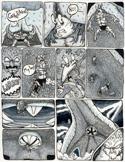 anthro biped blood bodily_fluids clothed clothing dialogue dismemberment gore macro male muscular muscular_male pincers scared sharp_teeth size_difference speech_bubble teeth text thick_thighs stillinthesimulation nickelodeon spongebob_squarepants larry_the_lobster squidward_tentacles aquatic arthropod cephalopod crustacean decapod lobster malacostracan mollusk absurd_res comic english_text hi_res