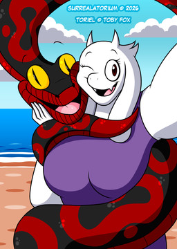 anthro beach big_breasts black_body black_scales blue_sky breasts brown_eyes cheek_to_cheek clothed clothing cloud detailed_background dipstick_tail duo female feral fur hand_on_cheek horn hug long_ears looking_at_viewer male male/female markings one_eye_closed open_mouth open_smile outstretched_arm pupils purple_clothing red_body red_markings red_scales red_tail_tip scales sea selfie sky slit_pupils smile tail tail_around_body tail_markings water white_body white_fur wink yellow_sclera surrealatorium undertale_(series) crimson_the_snake toriel boss_monster_(undertale) bovid caprine mammal reptile scalie snake 2026 absurd_res hi_res