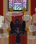 after_sex anthro black_body black_feathers bodily_fluids body_writing bound chain chained chained_collar chained_cuffs chair cum cum_drip cum_in_vagina cum_inside dialogue dominant dominant_human dripping enslaved feathers female forced furniture genital_fluids group horn humiliation male male/female public public_exposure public_humiliation public_use rape royalty secretly_loves_it sex speech_bubble submissive submissive_anthro submissive_female text throne tongue tongue_out trio sr_tacos lady_of_fire_(adlm13) avian bird corvid corvus_(genus) deity human humanoid mammal oscine passerine raven digital_media_(artwork) hi_res spanish_text tagme