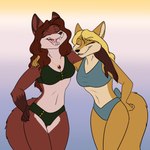 anthro bikini black_nose blonde_hair breasts button_bikini clothed clothing duo eyes_closed female fur gloves_(marking) gradient_background hair jewelry laugh markings midriff navel necklace open_mouth orange_body orange_fur red_body red_fur red_hair simple_background swimwear tail teeth two-piece_swimsuit foxenawolf diana_artemis jennifer_sherwood canid canine fox mammal 1:1 hi_res