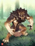 animal_genitalia anthro balls big_balls black_body black_fur body_hair brown_body brown_fur claws digitigrade fangs finger_claws forest forest_background fully_sheathed fur genitals grass happy_trail male muscular muscular_male nature nature_background neck_tuft pawpads paws plant sheath solo standing tan_body tan_fur teeth toe_claws tree tuft patto mythology gausswolf canid canine canis mammal mythological_canine mythological_creature were werecanid werecanine werewolf wolf 3:4 absurd_res digital_media_(artwork) hi_res