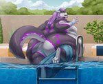 anthro belly big_belly big_butt butt clothed clothing detailed_background fur hair huge_belly huge_butt male obese outside overweight overweight_male partially_clothed pool purple_body purple_fur purple_hair solo biglovealicia canid canine canis mammal wolf 2024 hi_res shaded signature soft_shading