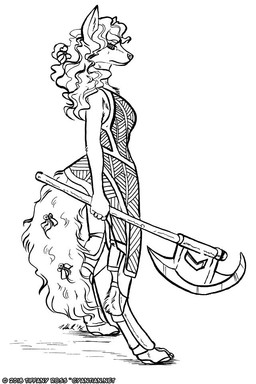anthro axe breasts clothed clothing digitigrade female fur hair long_hair melee_weapon side_view solo weapon tiffany_ross the_cyantian_chronicles celina_asara canid canine canis mammal wolf 2018 2:3 digital_drawing_(artwork) digital_media_(artwork) monochrome