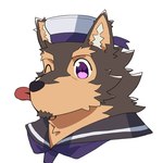 anthro blep brown_body brown_fur chibi fur male one_eye_closed purple_eyes sailor_hat solo tongue tongue_out wink singetu_sai0805 lifewonders live_a_hero pubraseer canid canine canis domestic_dog mammal 1:1 absurd_res hi_res