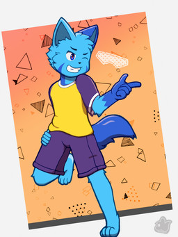 4_toes 5_fingers blue_arms blue_body blue_ears blue_eyes blue_fur blue_inner_ear blue_legs blue_markings blue_tail bottomwear clothed clothing facial_markings facial_tuft feet finger_gun fingers fluffy fluffy_tail fur geometric_background gesture gradient_background hand_gesture hand_on_hip head_markings inner_ear_fluff male markings multicolored_body multicolored_clothing multicolored_ears multicolored_eyes multicolored_fur multicolored_shirt multicolored_topwear one_eye_closed one_leg_up orange_background purple_bottomwear purple_clothing purple_shirt purple_shorts purple_topwear raised_leg red_eyes shirt shorts simple_background smile solo tail teeth toes topwear tuft two_tone_clothing two_tone_shirt two_tone_topwear white_background wink yellow_background yellow_clothing yellow_shirt yellow_topwear shouryuu haziq_(hazumazu) 3:4 absurd_res hi_res
