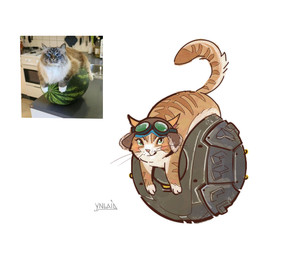 curled_tail eyes_closed eyewear eyewear_on_head female feral food fruit fur goggles goggles_on_head melon open_mouth orange_body orange_fur photo_reference pink_nose plant simple_background solo tail watermelon whiskers white_background white_body white_fur ynlaid blizzard_entertainment overwatch fika_(overwatch) wrecking_ball_(blizzard) domestic_cat felid feline felis mammal reference_image