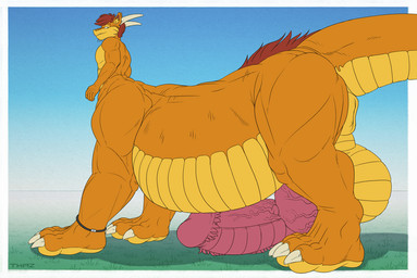 anthro anthro_prey anus balls big_anus big_balls bodily_fluids cock_vore cum cum_vore digestion duo genital_fluids genitals green_body horn huge_anus hyper hyper_genitalia larger_pred licking licking_lips male male_pred male_prey orange_body penile penile_spines penis puffy_anus rear_view side_view size_difference taur_pred teleportation tongue tongue_out unwilling_prey vein veiny_penis vore thaz_(artist) mythology darrius_(dirtyzephyr) thaz_(character) dragon dragon_taur mythological_creature mythological_scalie scalie taur 2d_animation animated