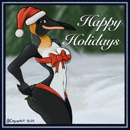 accidental_holly anthro beak belly big_breasts black_body blurred_background bow_ribbon breasts brown_eyes butt christmas_clothing christmas_headwear clothing crotch_tuft female hat headgear headwear holding_object holidays holly_(plant) looking_at_viewer navel non-mammal_breasts outside plant red_ribbon ribbons santa_hat smile snow solo standing tail text tight_clothing tree tuft white_belly white_breasts yellow_neck cayugo christmas avian bird king_penguin penguin 1:1 2025 colored dated digital_media_(artwork) hi_res portrait signature three-quarter_portrait