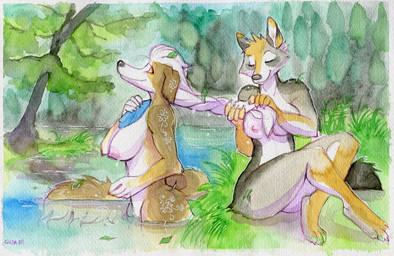 4_toes 5_fingers anthro anthro_on_anthro arm_markings assisted_bathing bathing big_breasts black_nose breasts brown_body brown_fur butt countershade_torso countershading duo ear_markings eyes_closed feet female female/female female_anthro fingers forest forest_background fur grey_body grey_fur hair hindpaw humanoid_hands leg_markings looking_at_another looking_back looking_back_at_another markings medium_breasts multicolored_body multicolored_fur nature nature_background navel nipples nude nude_anthro nude_female outdoor_nudity outside partially_submerged paws plant river sitting slim_anthro slim_female smile snout tail text thigh_markings toes tree two_tone_body two_tone_fur water white_body white_countershading white_fur white_hair sanssouci manzanita_(moonshinefalling) shanna_(upwinger) canid canine canis coyote domestic_dog hunting_dog mammal saluki sighthound 2025 artist_name dated full-length_portrait painting_(artwork) portrait watercolor_(artwork)