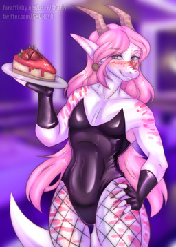 anthro cake clothed clothing dessert femboy fingerless_gloves fishnet_clothing food gloves hair handwear latex latex_clothing leotard male pink_hair tail waiter sharly mythology dragon mythological_creature mythological_scalie scalie absurd_res hi_res