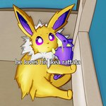 against_surface ambiguous_gender bottomwear caption clothing cuddling fabric feral fur furniture inside looking_at_viewer mane plushie purple_body purple_eyes purple_skin skirt sofa solo tan_bottomwear tan_clothing tan_skirt text whiskers white_body white_fur yellow_body yellow_fur hatwitheyes ikea nintendo pokemon eeveelution generation_1_pokemon jolteon mammal pokemon_(species) rattata rodent 1:1 english_text hi_res