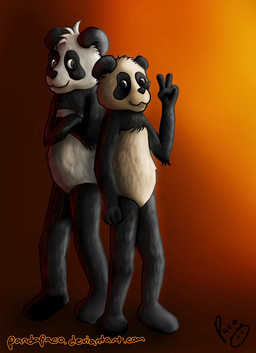 anthro black_body black_eyes black_fur crossed_arms duo featureless_crotch fur gesture gradient_background hand_gesture head_tuft looking_at_viewer male male_anthro mouth_closed nude simple_background standing tuft v_sign white_body white_fur yellow_eyes young young_anthro young_male pandapaco nemorio parinton bear giant_panda mammal hi_res