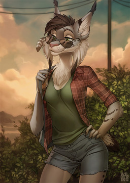 anthro biped bottomwear breasts brown_hair clothed clothing detailed_background eyewear female fur glasses hair open_clothing open_shirt open_topwear outside shirt short shorts solo standing topwear wildering nicole_(nicnak044) felid feline lynx mammal 2015 digital_media_(artwork) shaded soft_shading