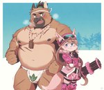 anthro asian_clothing blush brown_body brown_fur brown_hair clothing duo east_asian_clothing femboy fundoshi fur gatling_gun gun hair japanese_clothing long_hair machine_gun male minigun musclegut muscular ranged_weapon scar underwear weapon sawch_cls lifewonders tokyo_afterschool_summoners tanetomo_(tas) yasuyori_(tas) canid canine canis domestic_dog mammal hi_res