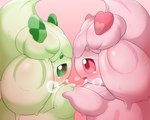 after_kiss blush bodily_fluids clover_(plant) clover_leaf duo female female/female food food_hair four_leaf_clover gradient_background green_body green_eyes hand_holding heart_accessory leaf not_furry pink_background pink_body pink_eyes plant pseudo_hair saliva saliva_string simple_background vitamin_t nintendo pokemon alcremie clover_sweet_alcremie food_creature generation_8_pokemon love_sweet_alcremie matcha_cream_alcremie pokemon_(species) ruby_cream_alcremie 5:4 hi_res