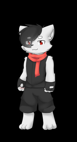 anthro arm_tuft black_bottomwear black_clothing black_gloves black_hair black_handwear black_pants black_topwear bottomwear cheek_tuft closed_smile clothed clothing eye_through_hair facial_tuft front_view fur glistening glistening_eyes gloves hair handwear male mouth_closed pants pawpads pink_pawpads red_eyes red_scarf scarf shoulder_tuft slight_smile smile solo standing topwear translucent translucent_hair tuft unsigned white_body white_fur kewkungzn full-length_portrait hi_res portrait