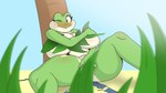 anthro big_breasts blush breasts brown_eyes convenient_censorship covering covering_breasts covering_crotch embarrassed eyelashes female green_body huge_breasts leaf nude one_eye_closed presenting solo spread_legs spreading thick_thighs white_body wide_hips chunkiroll_(artist) leela_(chunkiroll) amphibian frog 16:9 hi_res widescreen