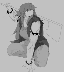 anthro axe biped bracelet breasts clothed clothing female fingers grey_background hair hair_over_eyes jewelry kneeling mouth_closed muscular simple_background solo teeth weapon meckmeck00124 deltarune undertale_(series) susie_(deltarune) scalie hi_res monochrome