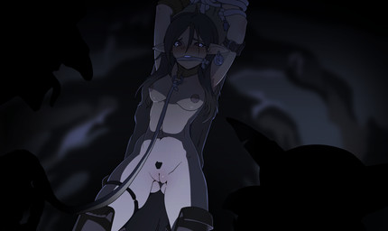 aroused blush bodily_fluids bound brown_eyes captured cave collar crying defeated ear_piercing fantasy female front_view gag gagged genitals green_body green_skin group hair hands_behind_head humanoid_pointy_ears leash leashed_collar long_hair male male/female navel nipples not_furry nude piercing pointy_ears pubes restrained rope scared shadow tan_body tan_skin tears trio vulva yellow_eyes shirami_(artist) dungeons_and_dragons hasbro wizards_of_the_coast elf goblin humanoid absurd_res hi_res