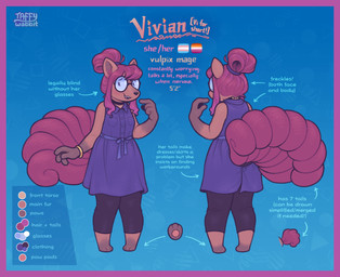 4_fingers 7_tails anthro barefoot blue_background border bottomwear breasts brown_body brown_fur choker clothing dress eyewear feet female fingers fur glasses gloves_(marking) hair hair_bun jewelry leg_markings lesbian_pride_colors lgbt_pride looking_aside markings multi_tail necklace open_mouth pants pawpads pigeon_toed pink_border pink_hair pride_colors purple_clothing purple_dress round_glasses simple_background smile socks_(marking) solo standing tail text transgender_pride_colors taffywabbit nintendo pokemon vivian_(keffotin) generation_1_pokemon pokemon_(species) vulpix 2023 digital_media_(artwork) english_text hi_res model_sheet trans_(lore) trans_woman_(lore)