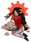 black_hair bone clean_diaper clothed clothing diaper exclamation_point female footwear grey_body hair happy heart_symbol horn kneeling looking_down not_furry open_mouth red_background rock shoes simple_background skull smile socks solo sweater topwear wearing_diaper white_background therageman homestuck ms_paint_adventures aradia_megido alien humanoid troll_(homestuck)