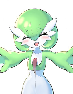 blush blush_lines bodily_fluids breasts crying eye_through_pseudo_hair eyebrow_through_pseudo_hair eyebrows eyes_closed fangs female green_pseudo_hair happy hug_invitation open_mouth pseudo_hair simple_background small_breasts solo tears tears_of_joy teeth tongue white_body sublender1234 nintendo pokemon gardevoir generation_3_pokemon humanoid pokemon_(species) 2026 hi_res