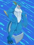 abs angry animal_genitalia anthro athletic biceps biped blue_body frown genital_slit genitals male muscular muscular_anthro nude open_mouth pecs pose scowl solo standing teeth tongue ryuukikeito capcom monster_hunter amphibian_(mh) fish marine shark zamtrios 2013